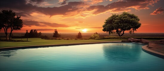 Scenic countryside sunset with a swimming pool in the front ideal for a copy space image