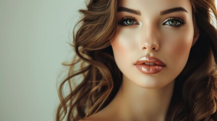 Fototapeta premium Radiant and refined, a young woman with brown hair and exquisite evening makeup looks directly at the camera with a tender, inviting expression, embodying timeless elegance.
