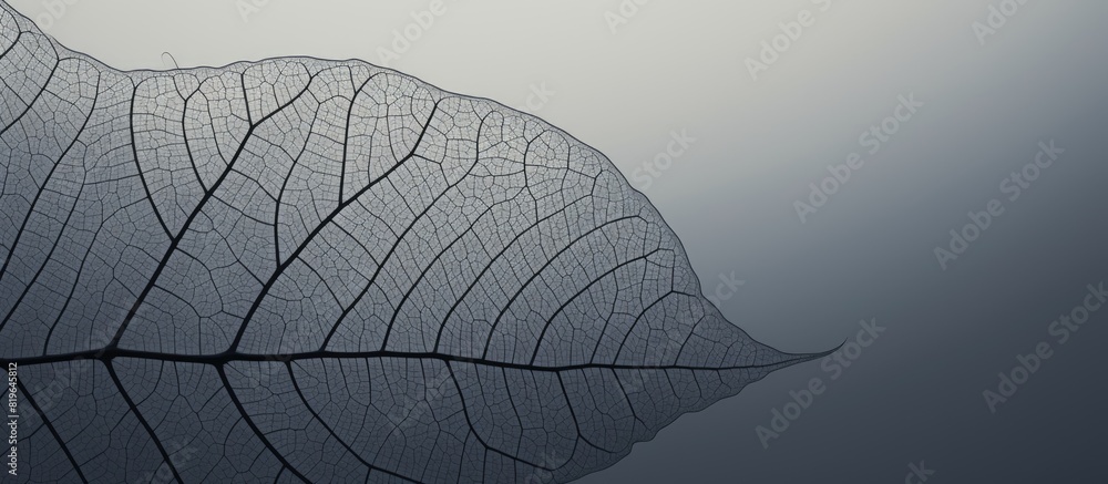Poster create a monochromatic design featuring a detailed close up image of a black leaf skeleton in nature