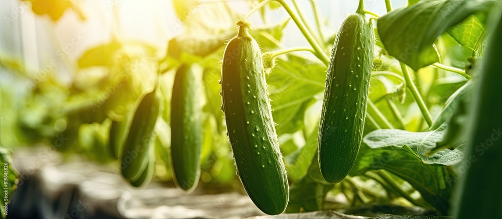 Poster growing cucumbers in a greenhouse with a young cucumber hanging over copy space image