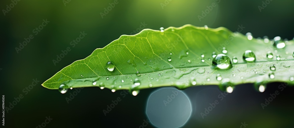 Wall mural A verdant leaf adorned with glistening water droplets against a backdrop of nature with copy space image