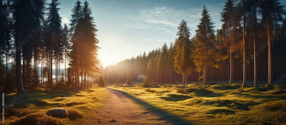 Poster a sunny day in autumn in a coniferous forest offers a scenic view with plenty of copy space image