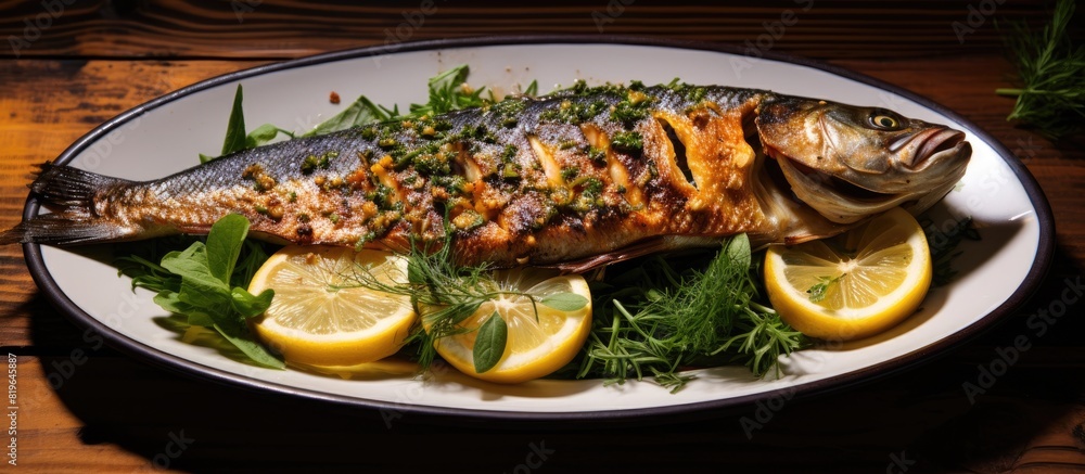 Poster grilled trout on a white plate with herbs and lemon presenting a delectable dish against a rustic ba
