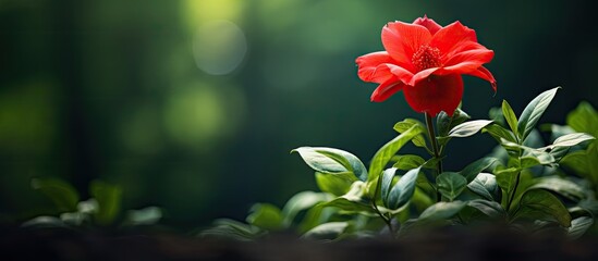 A vibrant red blossom surrounded by lush green foliage in a copy space image