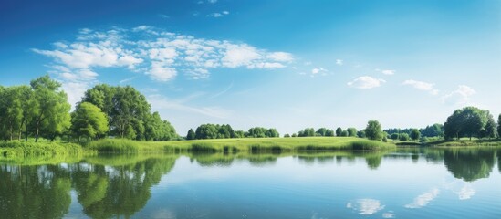 Fototapeta premium Scenic view of landscape reflecting in water in a public park with a clear blue sky in the background providing perfect copy space image opportunity