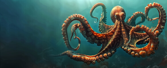 Obraz premium A beautifully colored giant octopus swims in the vast, clear sea