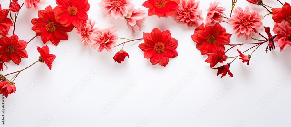 Wall mural Red flowers on a white backdrop with copy space image