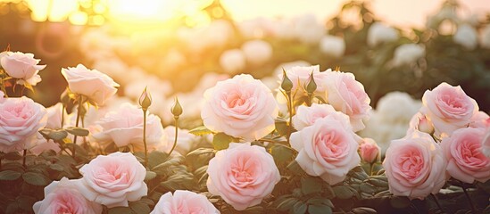 White pink roses in a flowerbed at sunset with copy space image