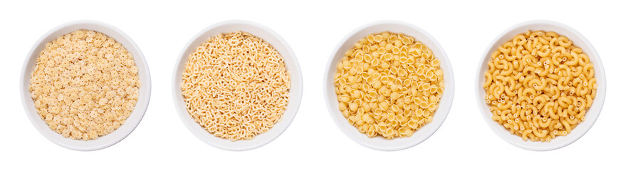 Pastina variants, Italian soup pasta, in white bowls. Uncooked tiny minute pasta, made of durum wheat semolina. From left to right stelle or stelline, alfabeto, perline or conchiglie, and gramigna.