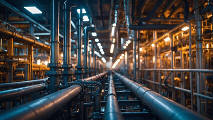 Industrial Network, Close-Up View of Pipeline and Pipe Rack Distributing Liquid in Plant.