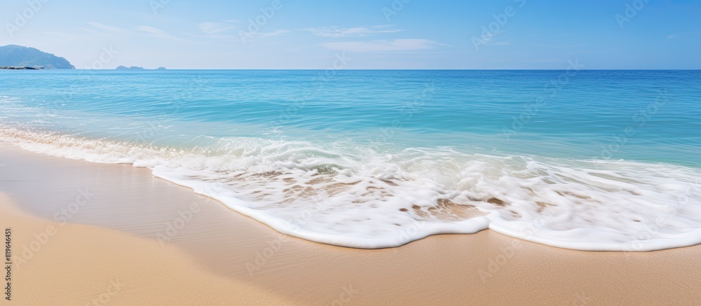 Poster summer has arrived showcasing a beautiful beach view with clear blue sea waves creating a tranquil s