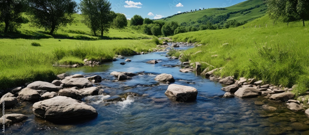 Poster mountain stream on a summer day with water foaming in the riverbed providing a source of moisture fo
