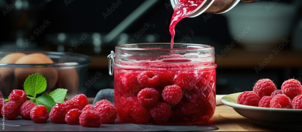Poster Preparing a delicious raspberry jam cooking process with a copy space image included