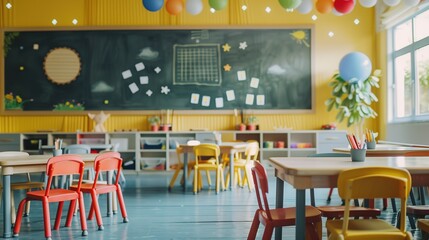 Clean classroom setting with a chalkboard displaying uplifting messages