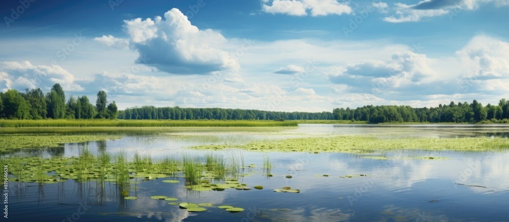 Poster a swampy lake on a sunny day with clouds in the sky casting their shadows over the serene water crea