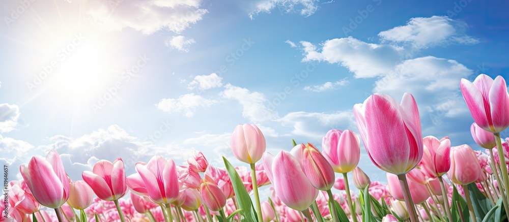 Aufkleber image of a gorgeous spring scene featuring a field of blooming pink tulips ideal for springtime them