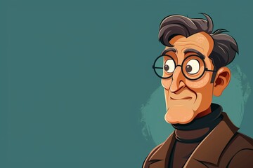 Cartoon Professor Wearing Round Spectacles and Turtleneck, Chalkboard Behind, Space for Text