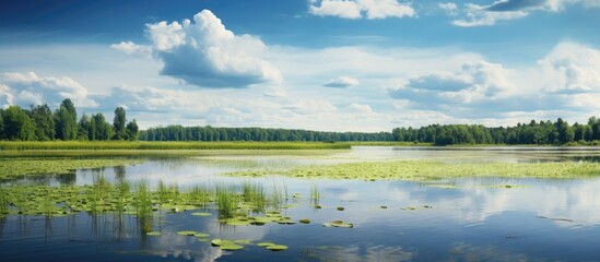 Fototapeta premium A swampy lake on a sunny day with clouds in the sky casting their shadows over the serene water creating a picturesque scene for a copy space image