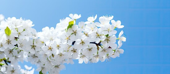 Background of a white cherry tree in full bloom against a bright blue sky perfect as a wallpaper with a serene atmosphere and copy space image included