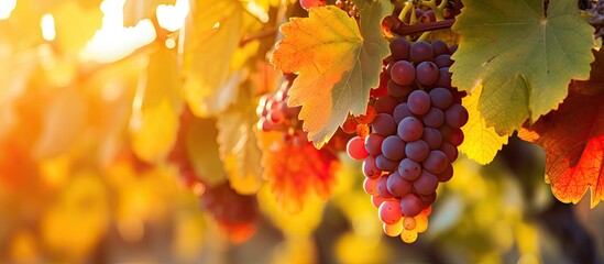 Vibrant autumn hues of red orange and yellow grapevine leaves at a vineyard under the warm glow of sunset with clusters of grapes ripening beautifully amid winemaking and organic fruit cultivation Cl