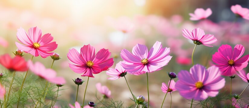 Vibrant cosmos flowers blooming in a spring garden with a copy space image