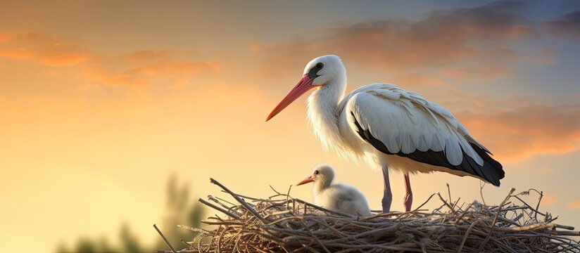 White stork perched on a nest with young offspring a few weeks old with a blank area for additional image text details