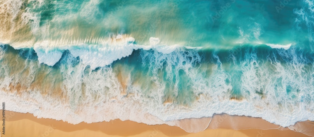 Poster aerial view of tropical beach surf with crashing waves showcasing an abstract ocean scene with copy 