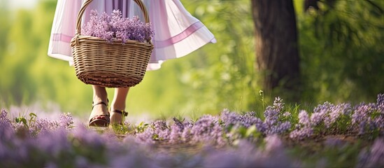 A woman holding a wicker basket of lilacs in nature with female legs walking in the grass during spring in a picturesque scene with copy space image - Powered by Adobe