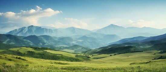 Summer landscape photo with stunning mountain views and open copy space image