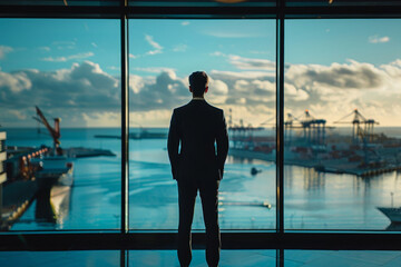 Businessman Overlooking Industrial Port from Office