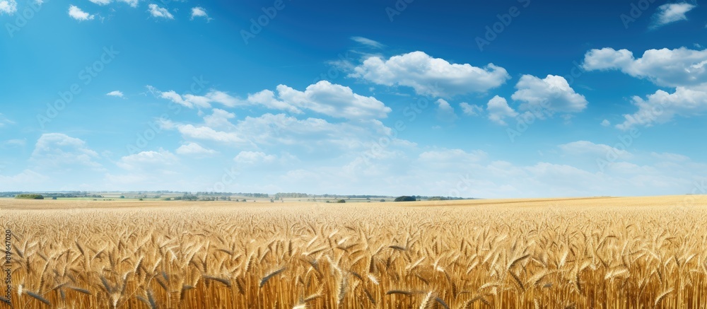 Poster stork elegantly strolling across a vast expanse of harvested fields with a clear blue sky in the bac