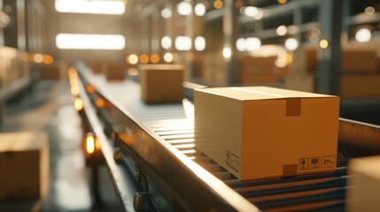 Closeup of multiple cardboard box packages seamlessly moving along a conveyor belt in a modern warehouse fulfillment center