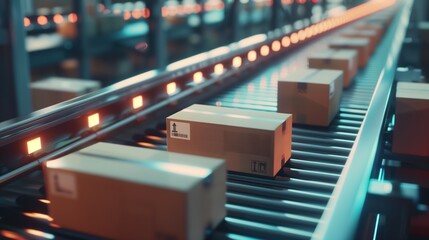 Closeup of multiple cardboard box packages seamlessly moving along a conveyor belt in a modern warehouse fulfillment center
