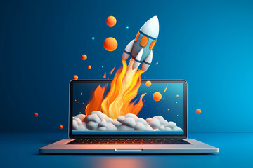 Rocket coming out of laptop screen, blue background.