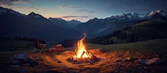 An evening outdoors in the mountains with a campfire surrounded by nature is captured in this...