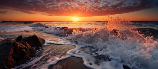 Sunset in Venice Beach CA as waves crash against the rocky shoreline creating a picturesque scene with a copy space image