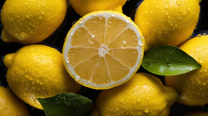 Bright juicy fresh lemons in splashes of juice and dew.