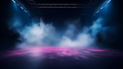 The dark stage shows, empty dark blue, purple, pink background, neon light, spotlights, The asphalt floor and studio room with smoke float up the interior texture for display products 