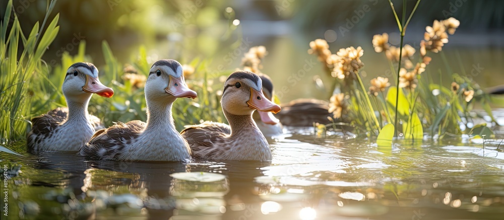 Poster musk ducks gather in the water on a farm creating a picturesque scene with a blank space for adding 