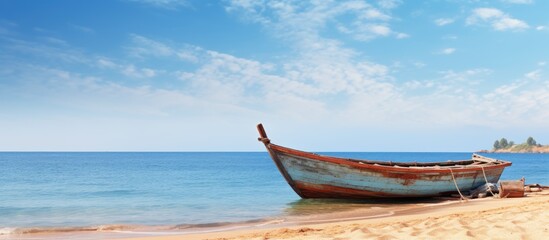 Obraz premium Fishing boat made of wood on the coastline with copy space image