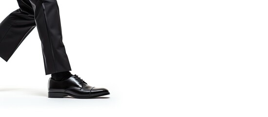 Isolated young business man foot step. Copy space image. Place for adding text and design