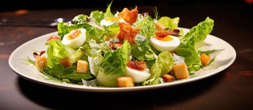 Lettuce crouton lardon French salad served on plate. Copy space image. Place for adding text and design