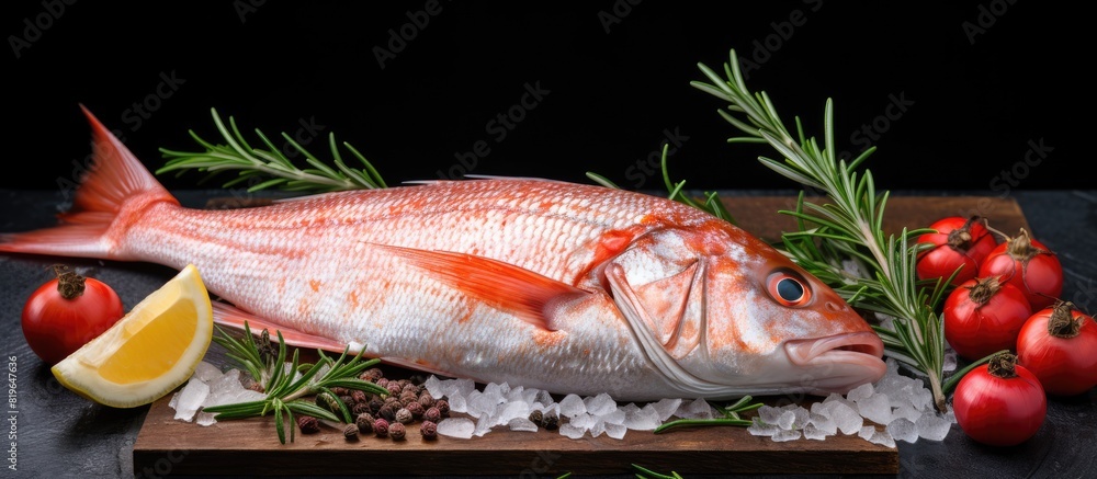 Poster red mullet displayed in an enticing manner with tomato garlic and rosemary creating an appealing cop