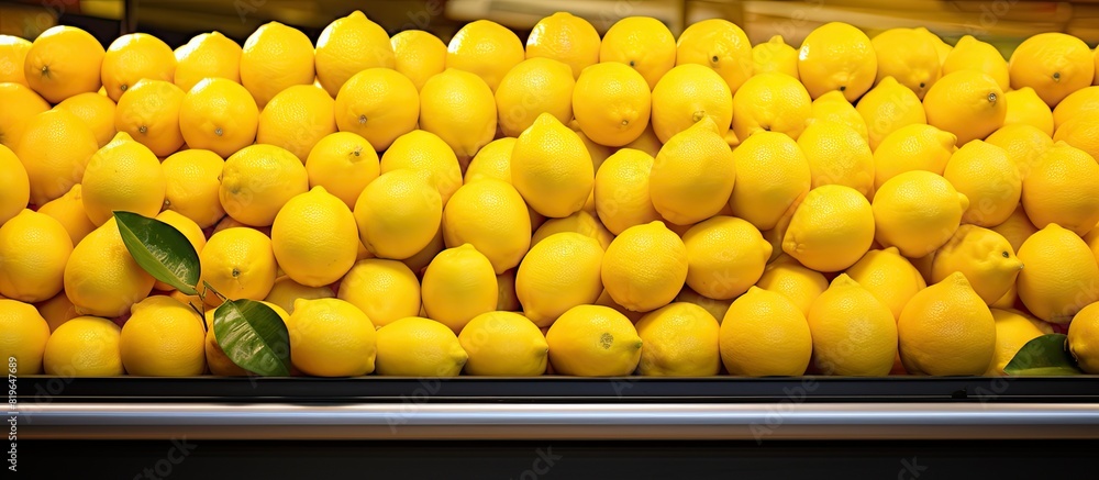 Poster supermarket display shelf with close up organic yellow lemon piles creating an appealing copy space 