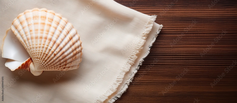 Poster a seashell on a brown and white napkin background symbolizing a simple summer theme with space for t