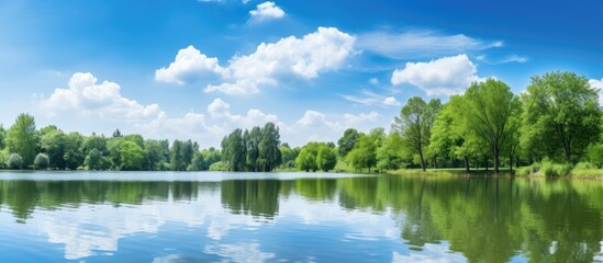 Scenic view of landscape reflecting in water in a public park with a clear blue sky in the background providing perfect copy space image opportunity