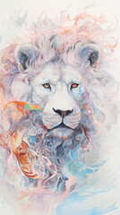 Watercolor drawing of a gorgeous albino lion.