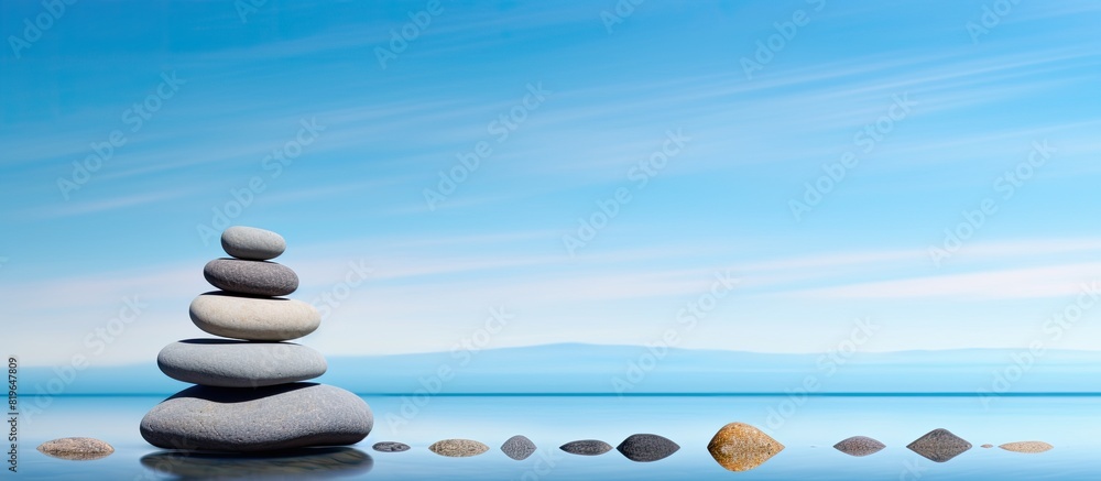 Poster create a serene atmosphere by balancing pebbles against a backdrop of clear blue sky symbolizing har