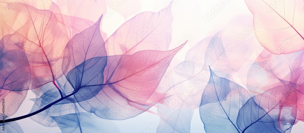 Poster delicate skeleton leaves with a transparent appearance are scattered on a vibrant abstract backdrop 