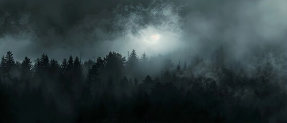 minimalist dark wallpaper, smoke in the distance above pine forest, dark grey and black colors with...